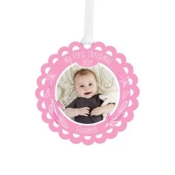 Hallmark Baby’s First Christmas Pink Scalloped Personalized Text And Photo Metal Ornament