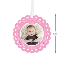 Hallmark Baby’s First Christmas Pink Scalloped Personalized Text And Photo Metal Ornament -Hallmark Babys First Personalized Round Christmas Ornament 1OFM1004B2 03