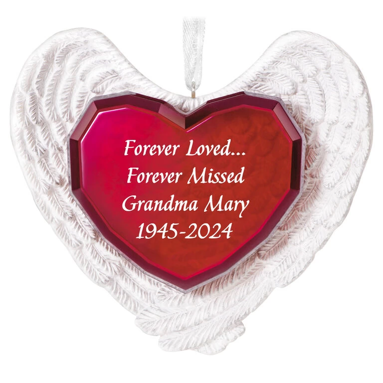 Hallmark Forever Loved Memorial Heart And Angel Wings Text Personalized Ornament 1 Hallmark Forever Loved Memorial Heart And Angel Wings Text Personalized Ornament
